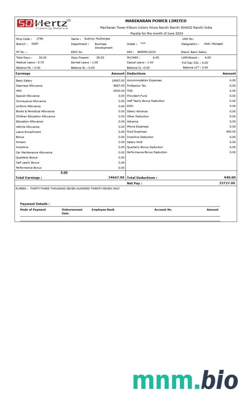 Szablon odcinka wypłaty Manikaran Power w formatach Word i PDF